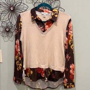 NIC+ZOE Cream Layered-Look Sweater Vest over Brown Floral Button-Down